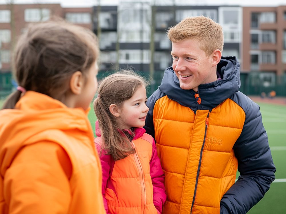 Kinderen en een coach samen actief op een Krajicek Playground in de wijk